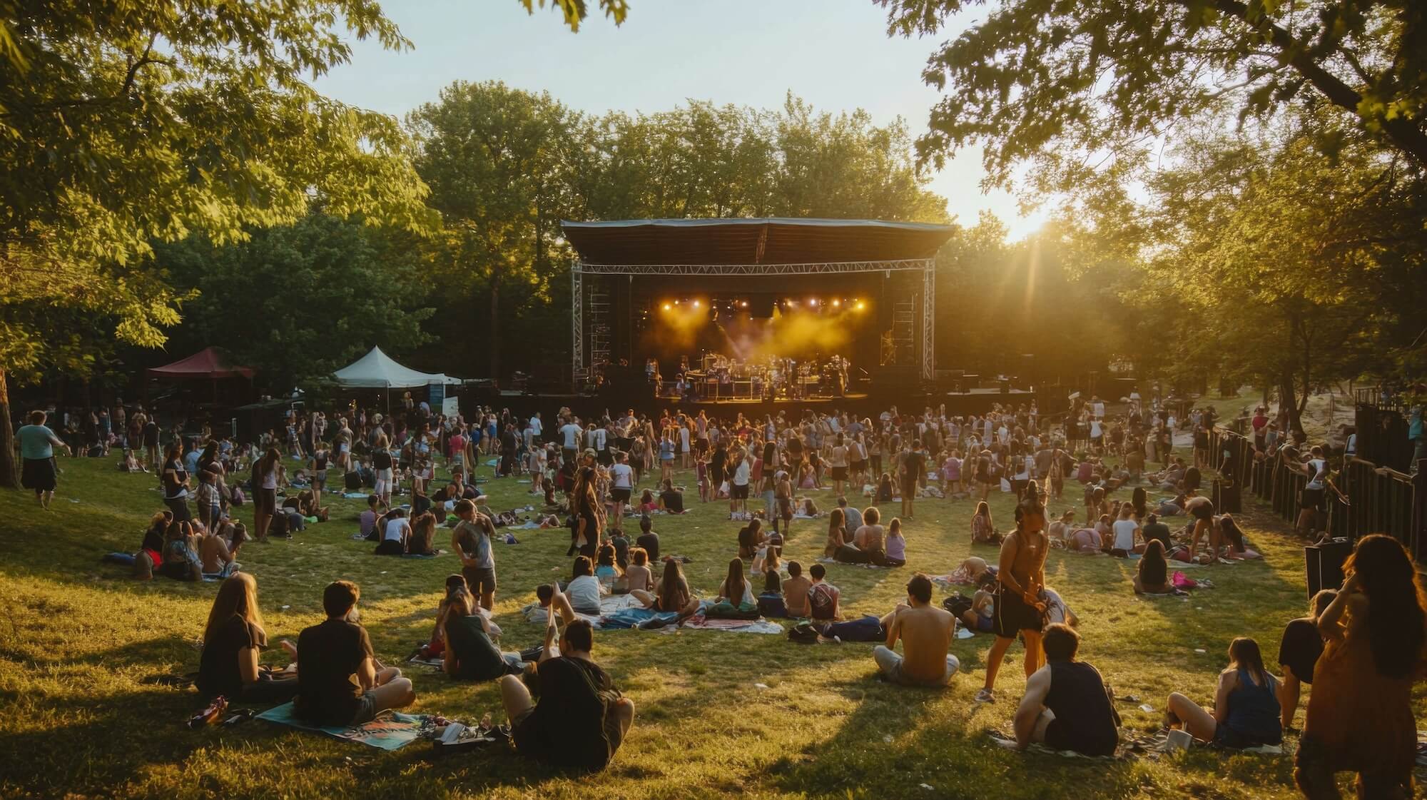 Large outdoor festival audience gathered near the main stage, showing long-duration events where accessible phone charging stations are essential.