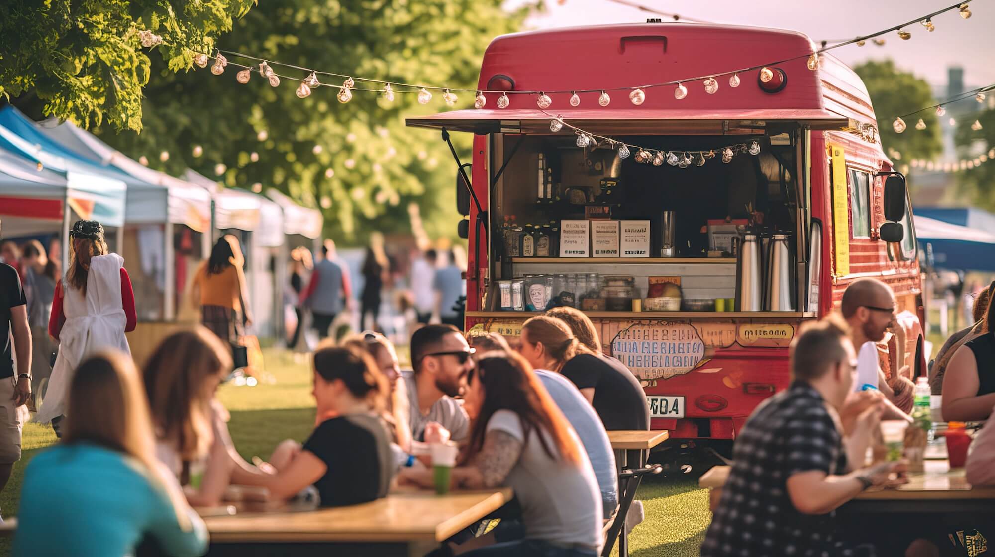 Festival attendees sitting and socialising near food trucks, illustrating dwell time and the relaxed moments where phone charging supports the live experience.