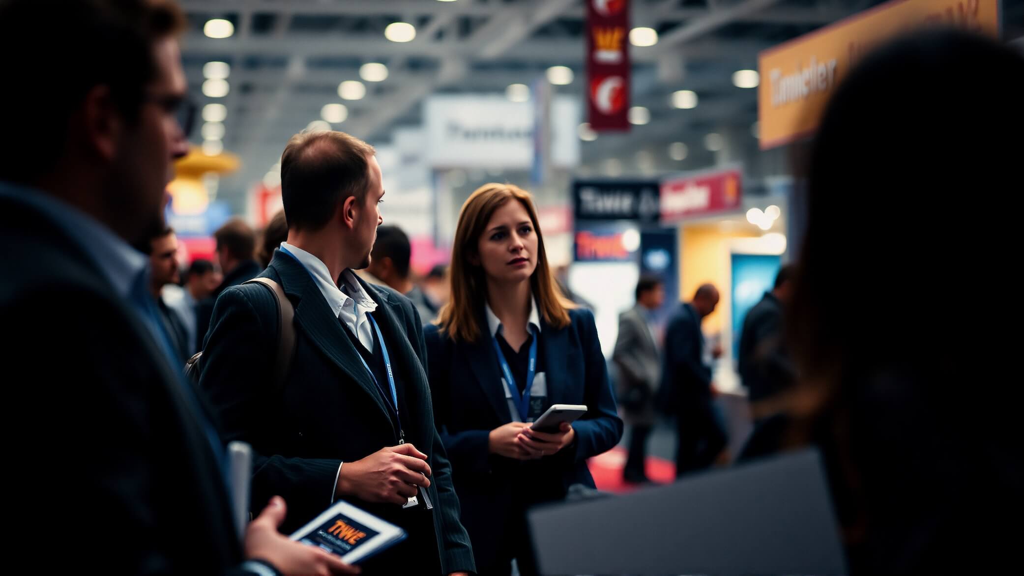 Attendees using smartphones in an exhibition or conference setting, demonstrating the need for reliable phone charging across sectors.