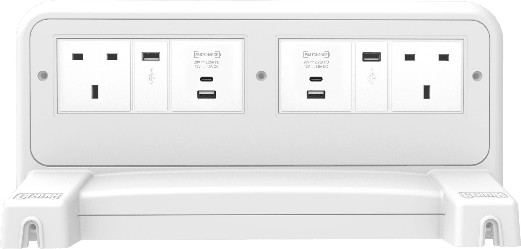 Underside of a Crable Charging Shelf showing 45W USB-C and USB-A charging ports alongside two UK mains sockets.