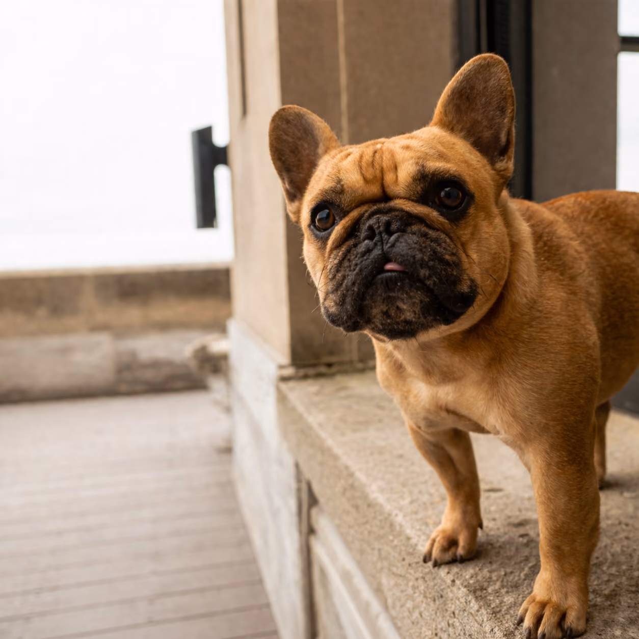 Brown French Bulldog standing on a stone ledge with a curious expression and tongue slightly out.
