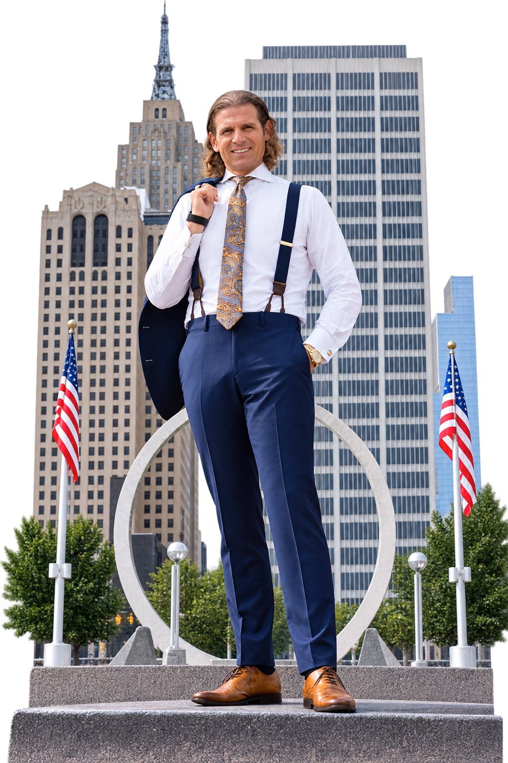 Trial attorney Jon Marko in front of the Detroit skyline