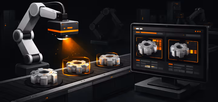 Automated robotic arm visually inspecting metal gears on a conveyor belt with inspection data displayed on a nearby monitor.
