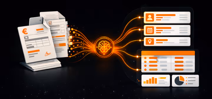 Digital illustration of documents and data being processed by an AI brain icon, transforming into organized information panels and charts on a dark background.