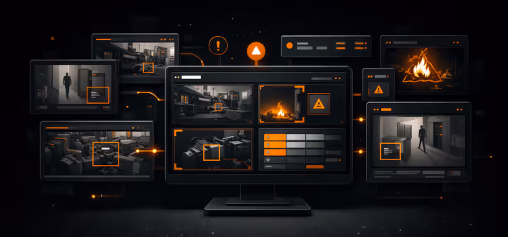 Multiple screens displaying a security monitoring interface showing camera feeds of a hallway, machinery, and a fire with warning icons and control panels in orange highlights on a black background.