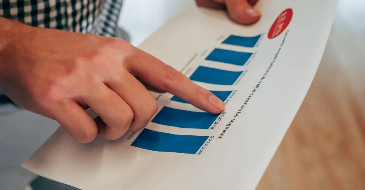 Close-up of hands pointing at a budget chart, reviewing rising business costs against a marketing spend line