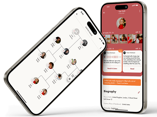 Two smartphones displaying a family tree and a biography with notes and media thumbnails for Igor Smith.