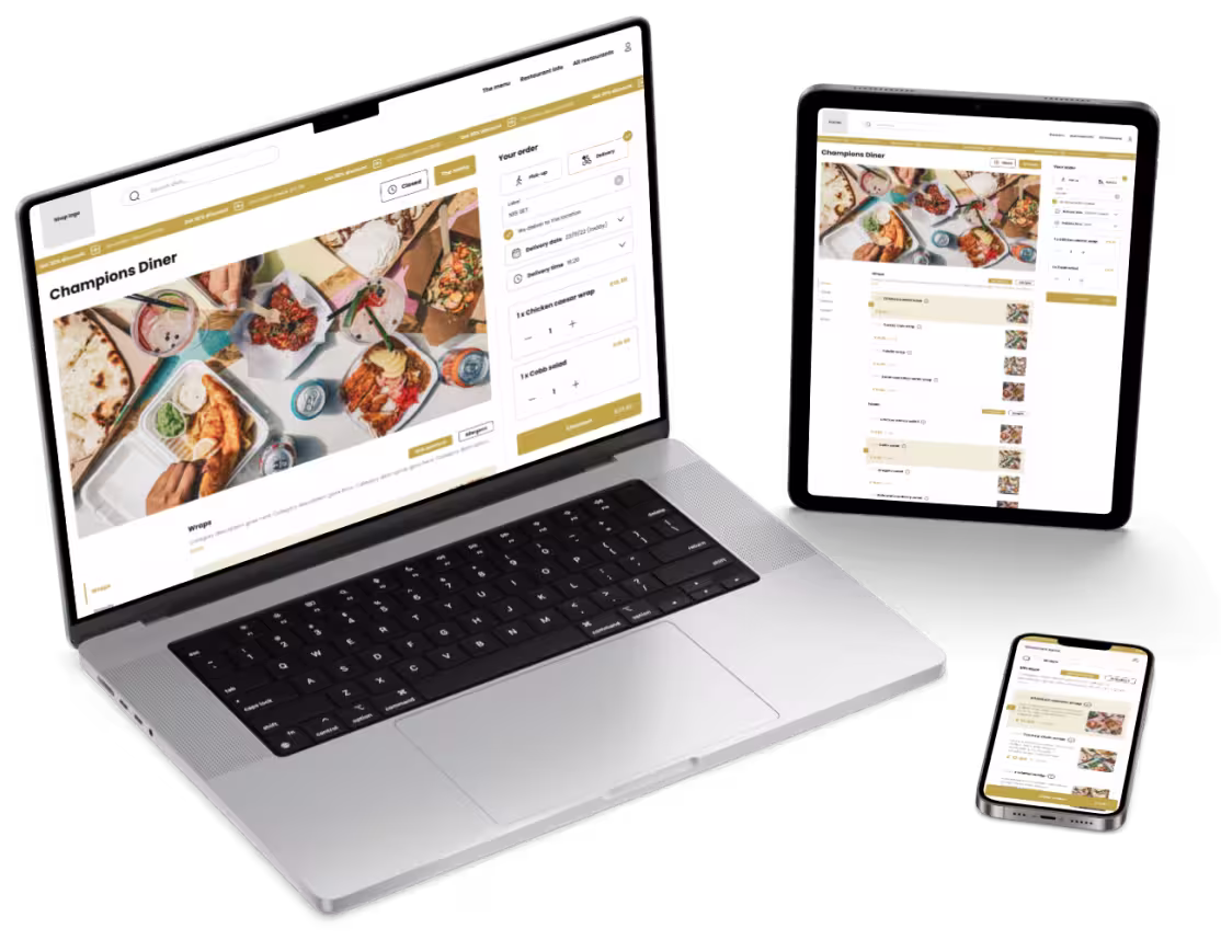 Laptop, tablet, and smartphone displaying a food ordering website for Champions Diner with menu images and order details.