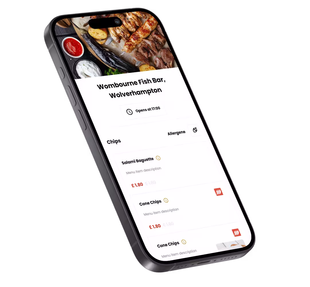 Smartphone screen showing a food menu for Wombourne Fish Bar, Wolverhampton, with chips items and prices.