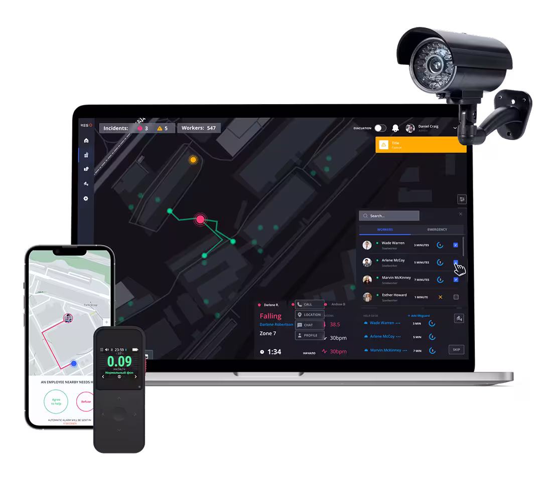 Security system setup showing a laptop with a worker location and incident tracking map, a smartphone with a location alert, a handheld device with a digital display, and a mounted surveillance camera.