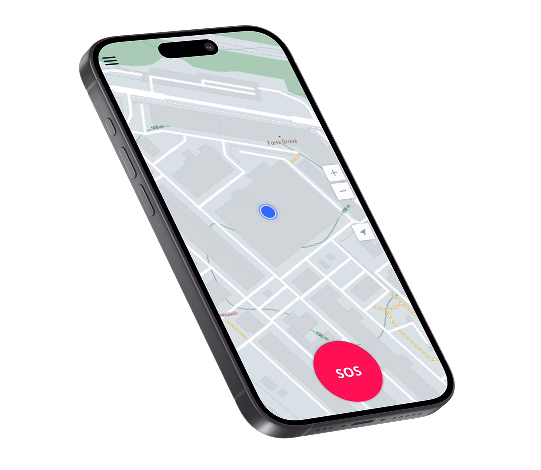 Black smartphone displaying a map with a blue location dot and a red SOS button on the screen.