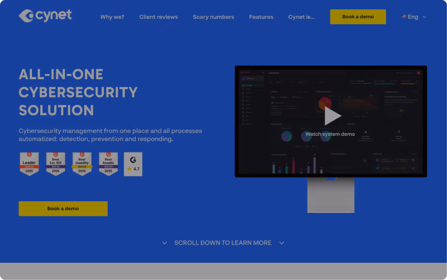 Cynet cybersecurity homepage showing all-in-one cybersecurity solution with chart dashboard on a monitor and book a demo buttons.