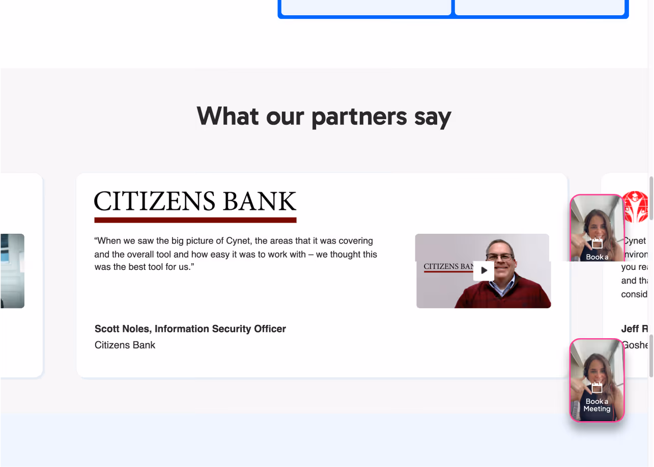 Testimonial from Scott Noles, Information Security Officer at Citizens Bank, praising Cynet's ease of use and coverage, accompanied by a video thumbnail of a man.