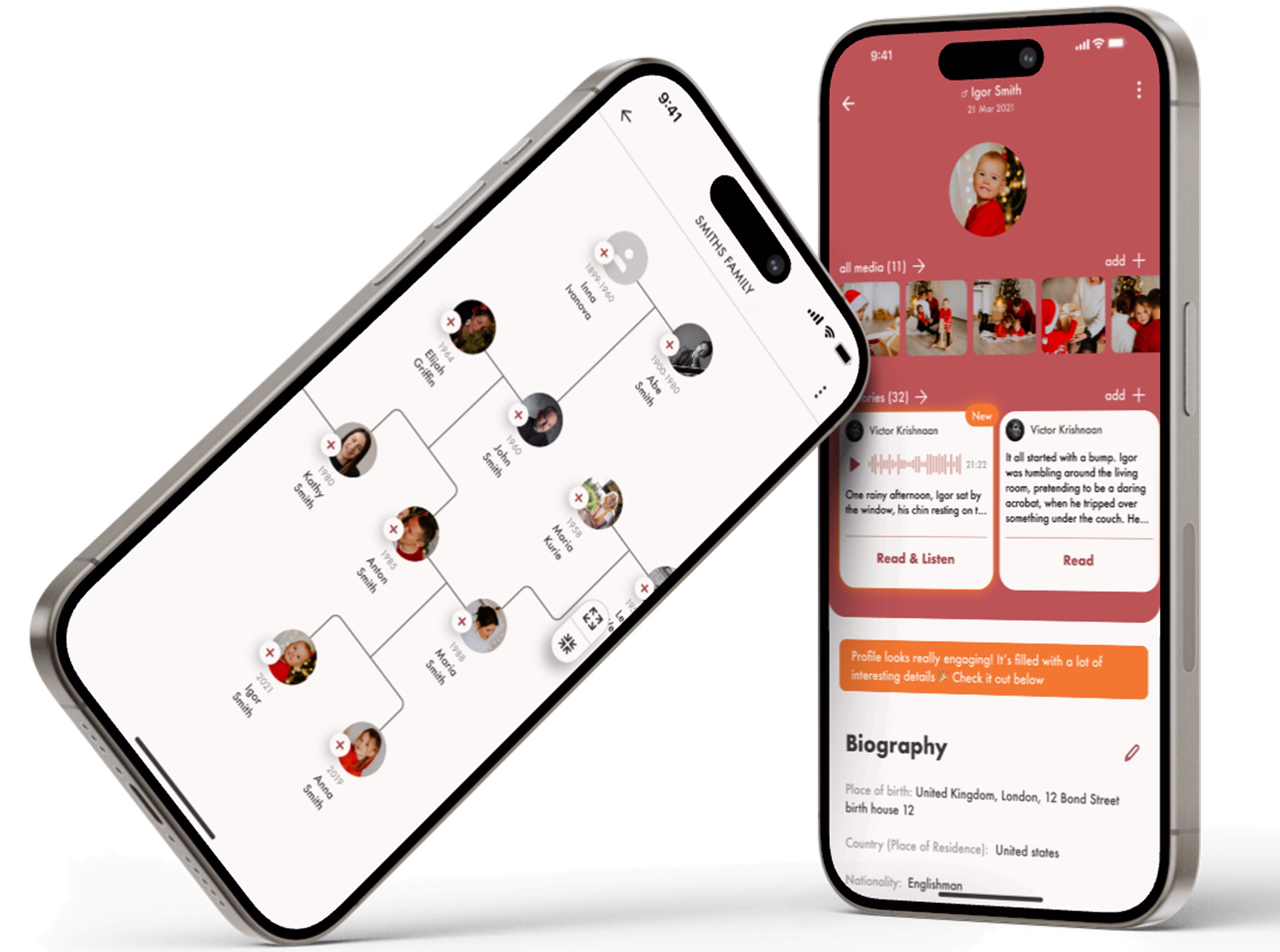Two smartphones displaying a family tree and a red profile screen with photos and biography details.