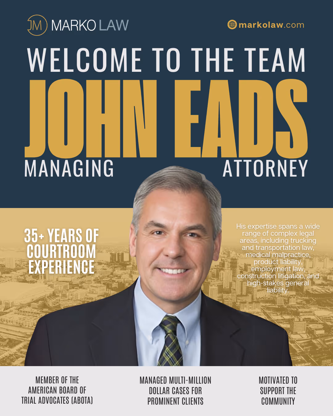 Marko Law Firm Welcomes John T. Eads III: A Powerhouse Attorney Strengthening Our Team