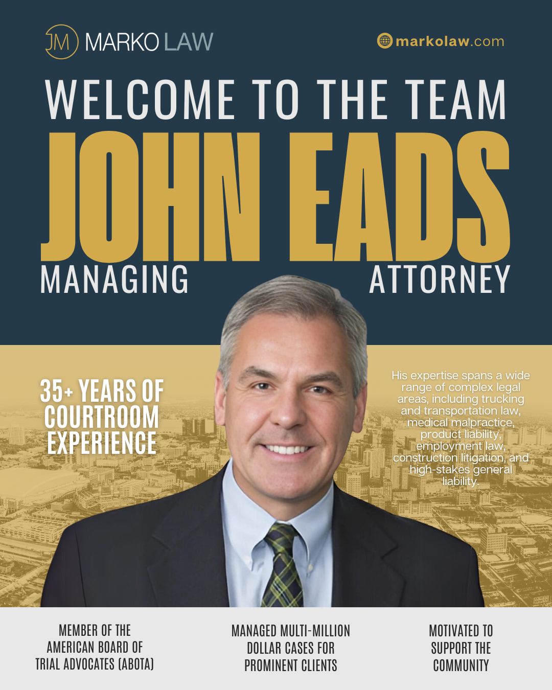Marko Law Firm Welcomes John T. Eads III: A Powerhouse Attorney Strengthening Our Team