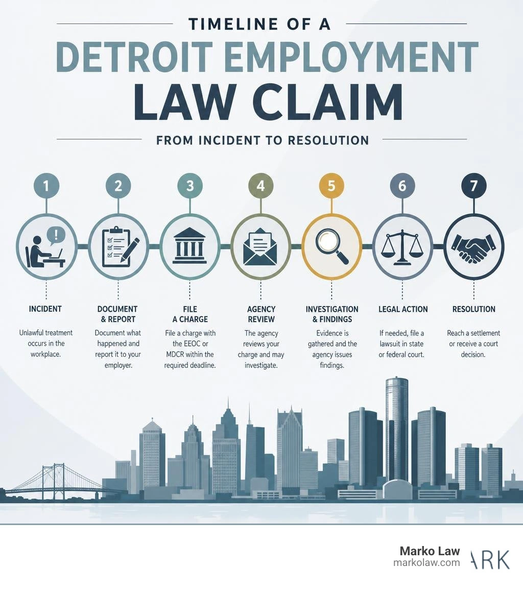 Timeline of a Detroit employment law claim from incident to resolution infographic Timeline of a Detroit employment law claim from incident to resolution infographic