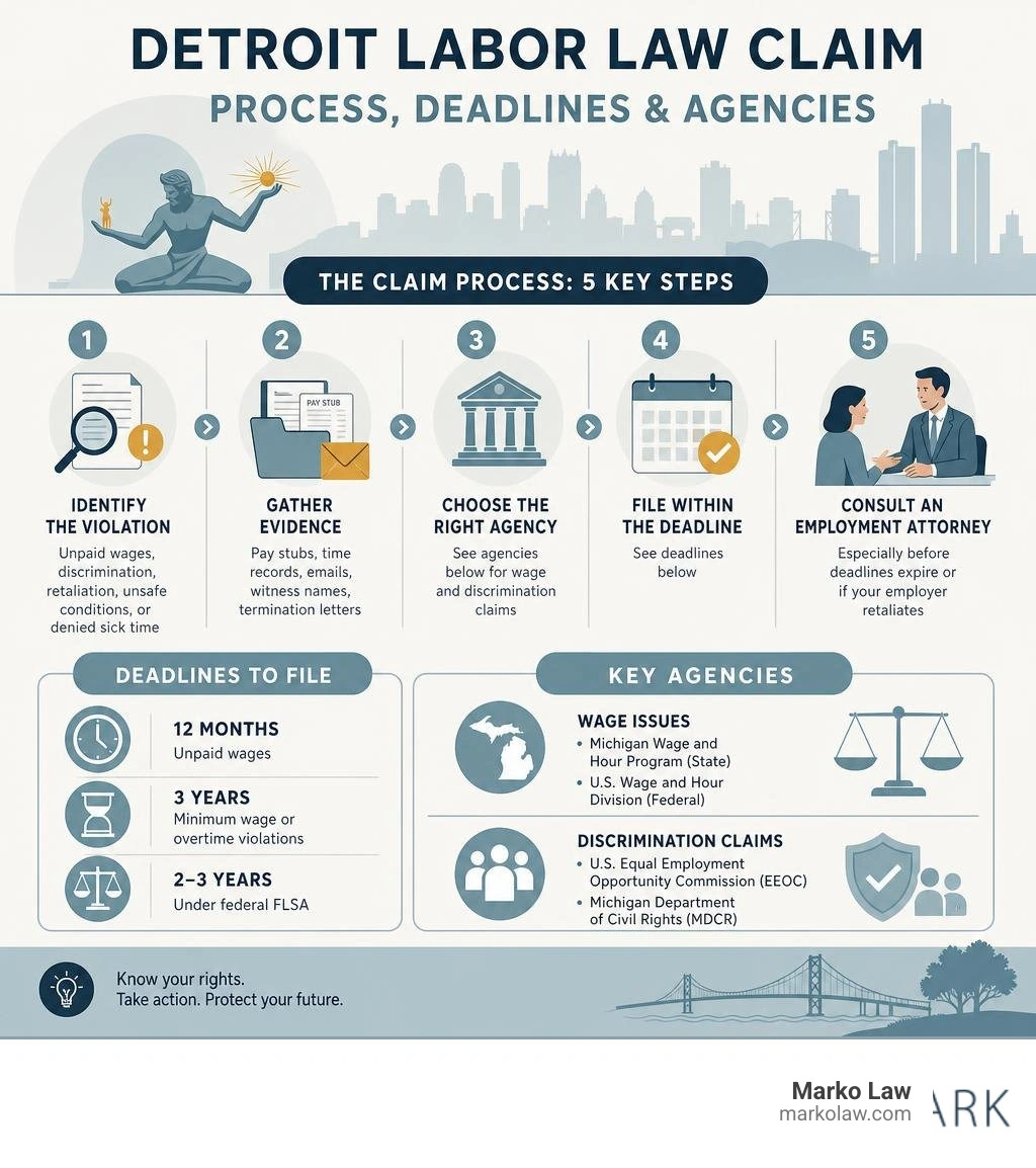 Infographic showing Detroit labor law claim process steps, deadlines, and agencies infographic Infographic showing Detroit labor law claim process steps, deadlines, and agencies infographic