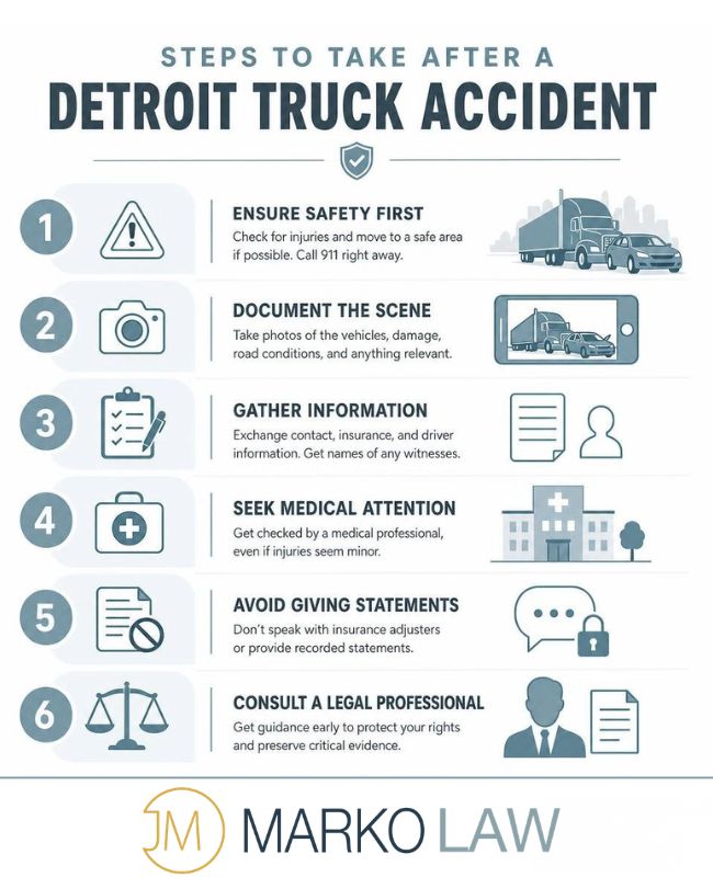 Infographic detailing six steps to take after a Detroit truck accident: Ensure safety first, document the scene, gather information, seek medical attention, avoid giving statements, and consult a legal professional.