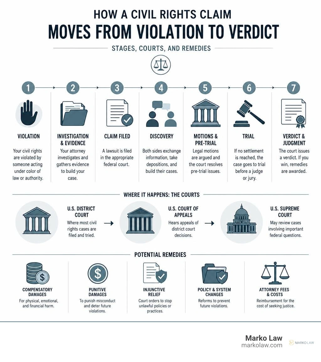 How a civil rights claim moves from violation to verdict with courts and remedies infographic infographic How a civil rights claim moves from violation to verdict with courts and remedies infographic infographic