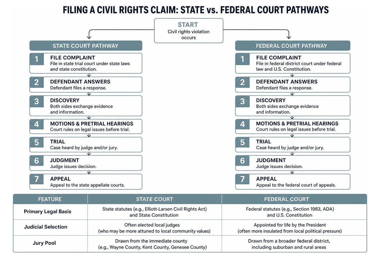 A comparative diagram of filing a civil rights claim: State vs Federal court pathways A comparative diagram of filing a civil rights claim: State vs Federal court pathways