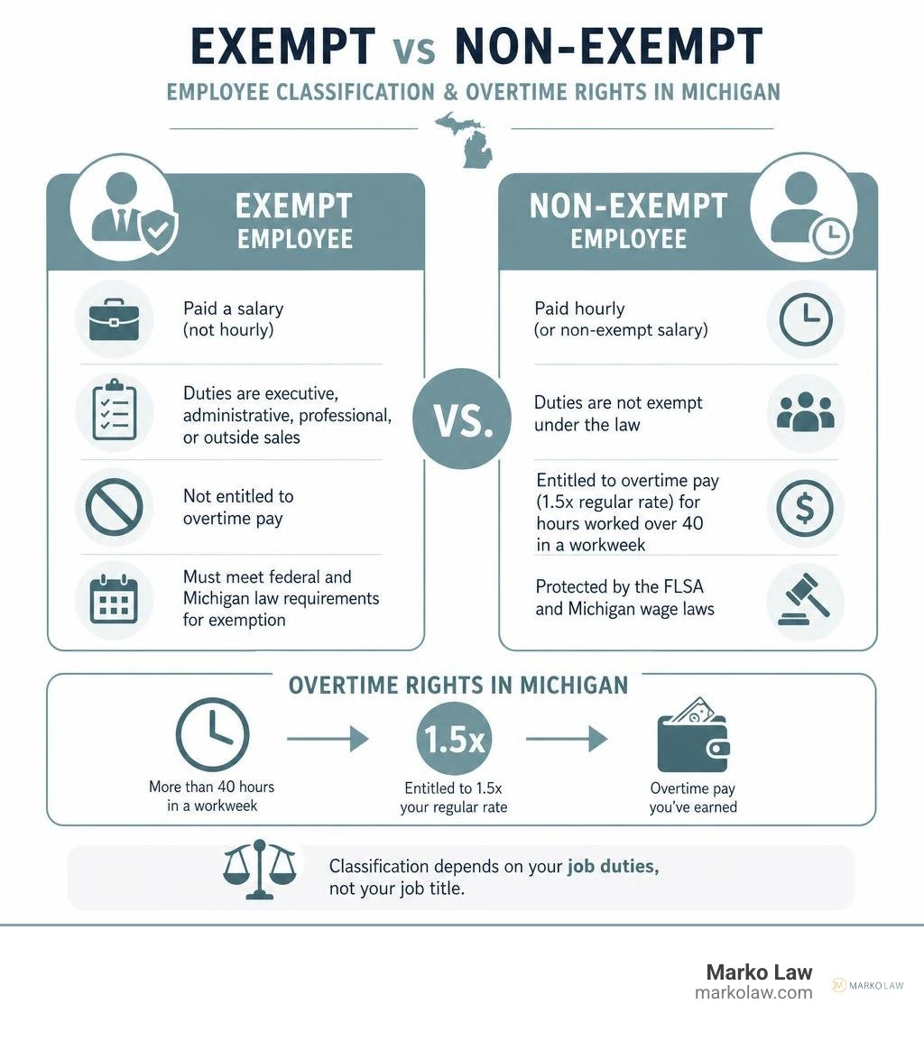 Infographic: exempt vs non-exempt employee classification and overtime rights in Michigan infographic Infographic: exempt vs non-exempt employee classification and overtime rights in Michigan infographic