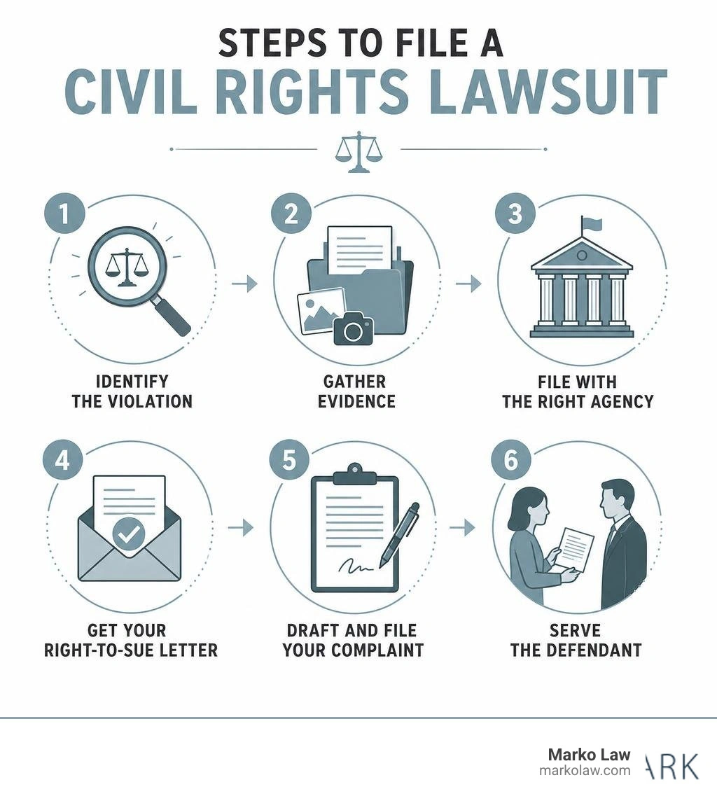 Steps to file a civil rights lawsuit including identify violation, gather evidence, file with agency, get right-to-sue Steps to file a civil rights lawsuit including identify violation, gather evidence, file with agency, get right-to-sue