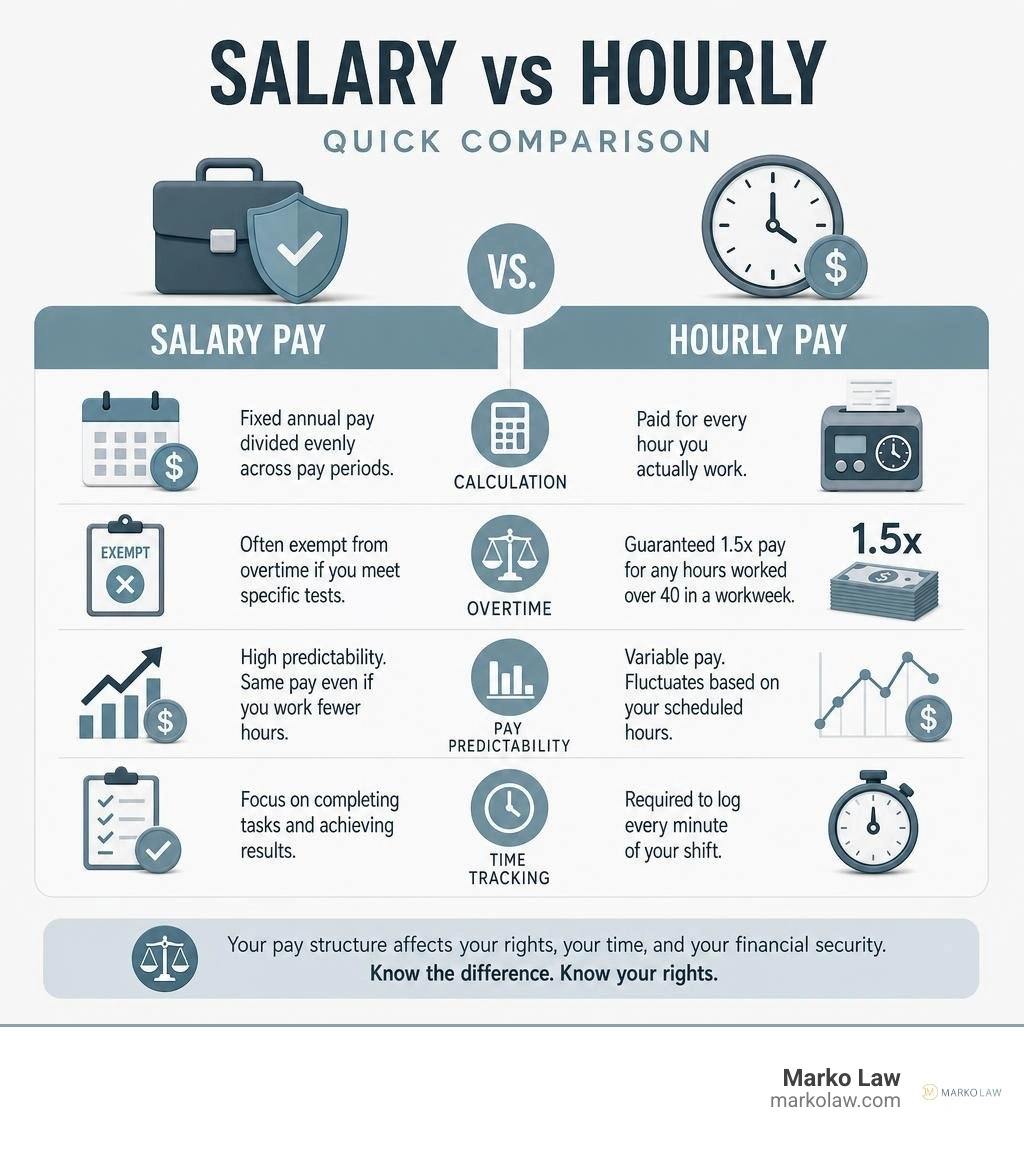 Quick summary infographic comparing salary and hourly pay differences for workers infographic Quick summary infographic comparing salary and hourly pay differences for workers infographic