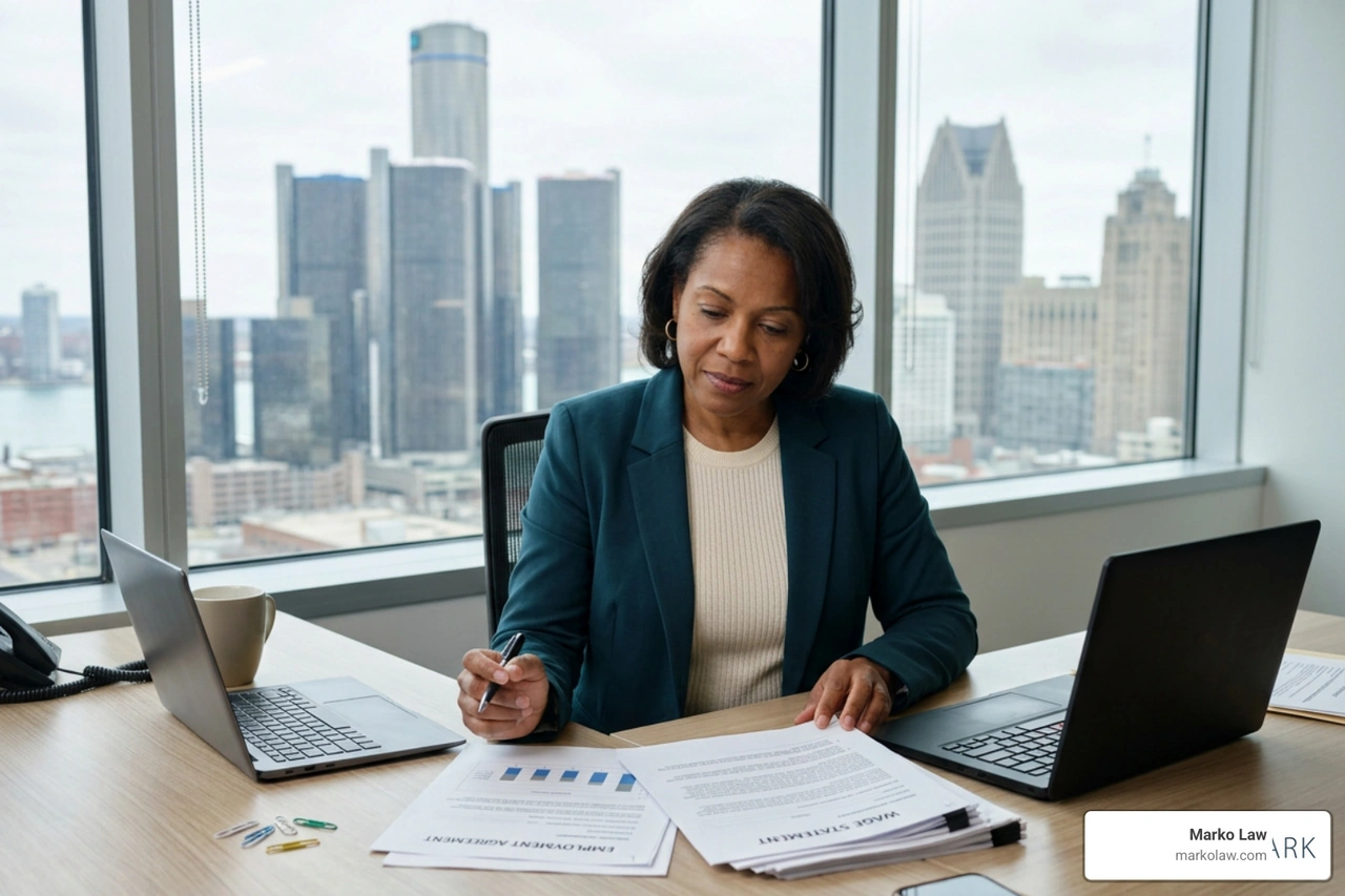 An employee reviewing an employment contract and wage documents in Detroit