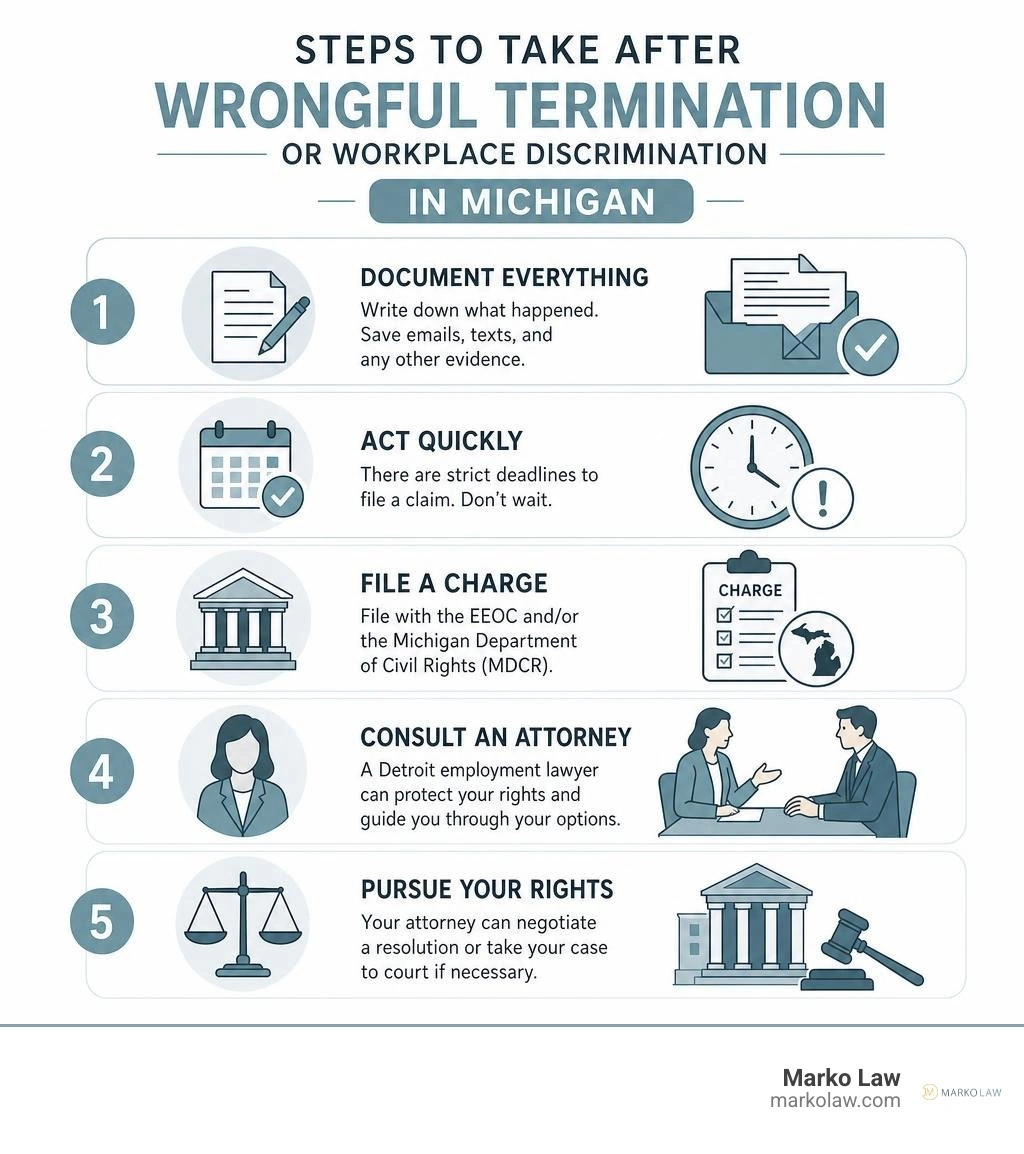 Steps to take after wrongful termination or workplace discrimination in Michigan infographic infographic