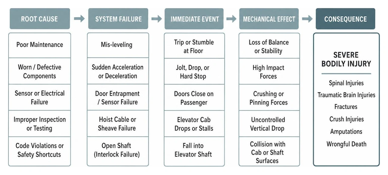 diagram of the cause and effect chain in an elevator mechanical failure