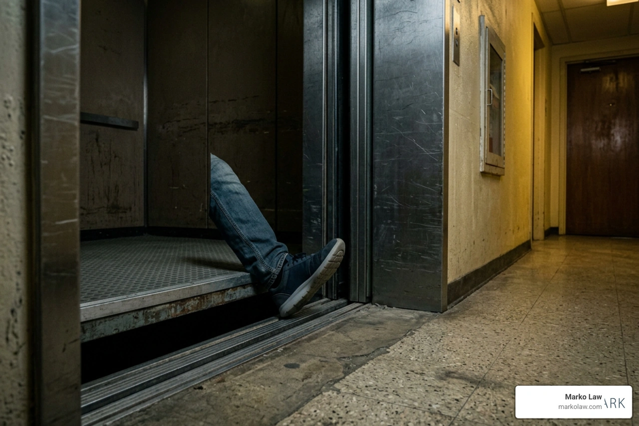 elevator door misalignment hazard causing trip and fall injuries