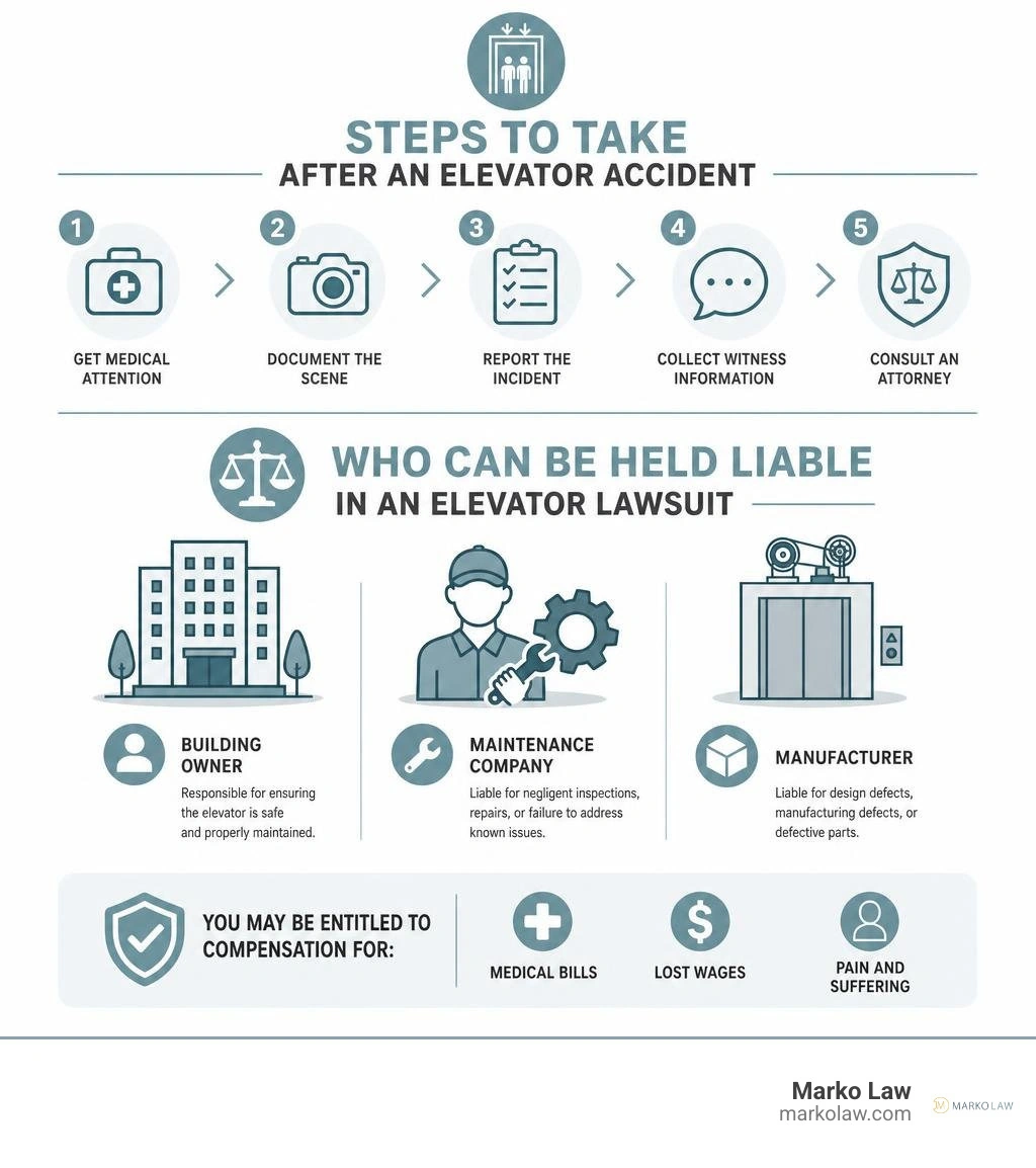 steps to take after an elevator accident and who can be held liable in an elevator lawsuit infographic infographic