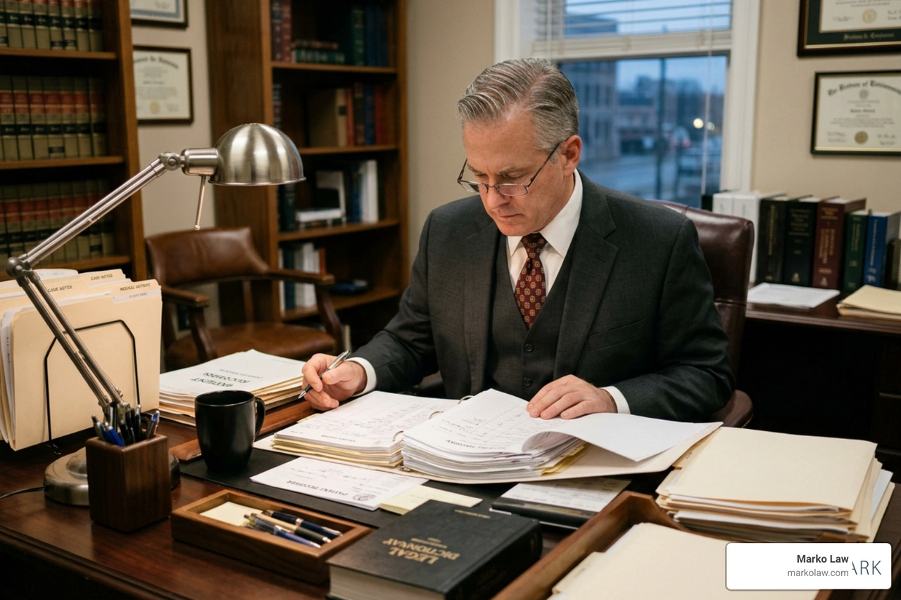 An attorney meticulously analyzing medical records for a malpractice case