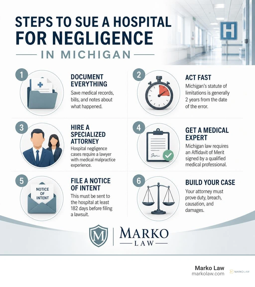 Steps to sue a hospital for negligence in Michigan infographic with the correct Marko Law logo infographic