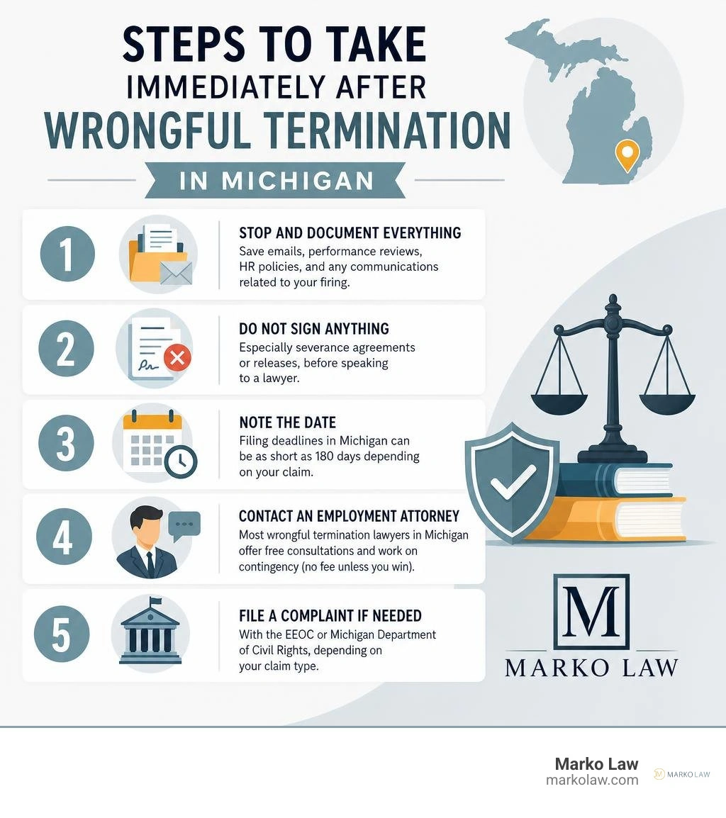 Steps to take immediately after wrongful termination in Michigan infographic with corrected Marko Law logo infographic