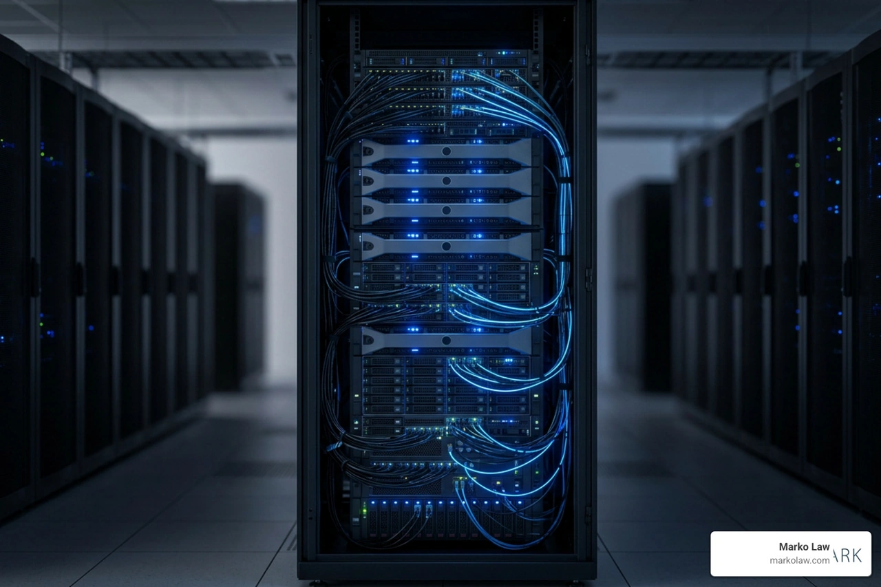 A sleek digital database server with glowing blue nodes representing secure records