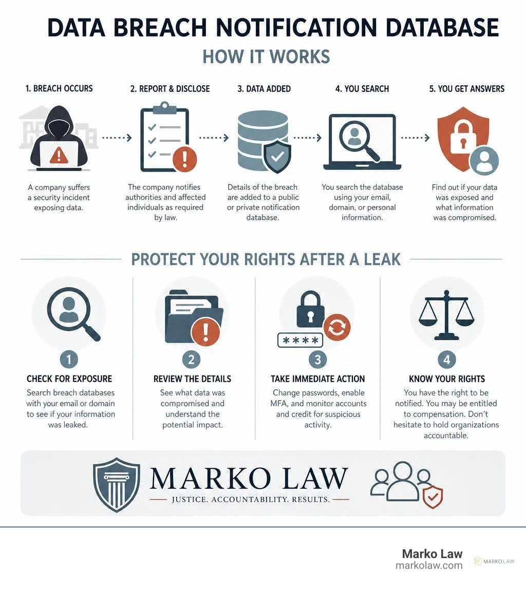 An infographic detailing how a data breach notification database works and how to protect your rights after a leak, branded