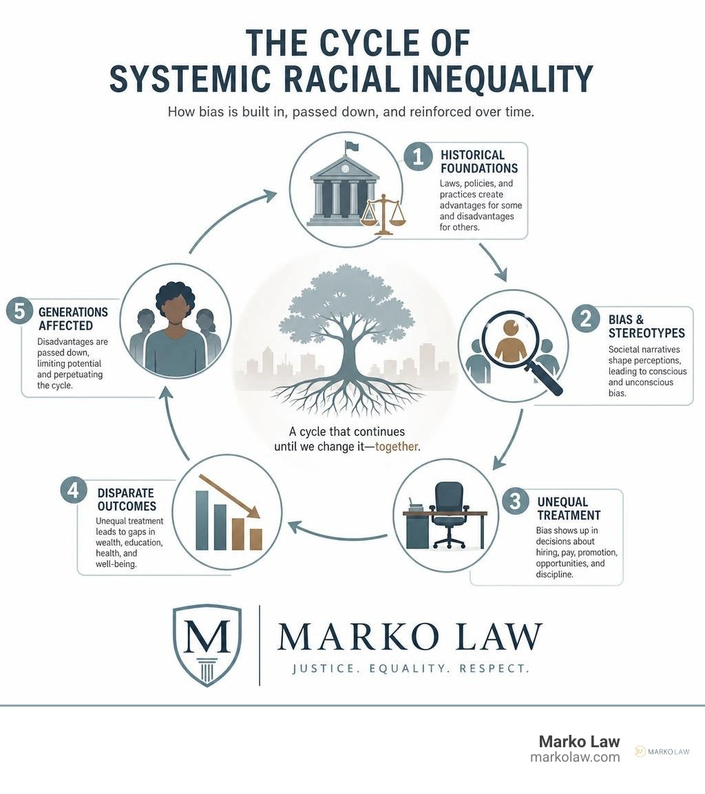 Infographic explaining the cycle of systemic racial inequality with fully visible Marko Law branding infographic