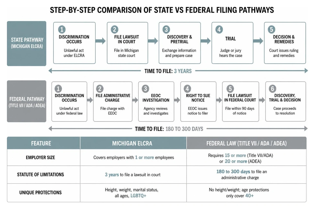 Step-by-step comparison of state vs federal filing pathways Step-by-step comparison of state vs federal filing pathways