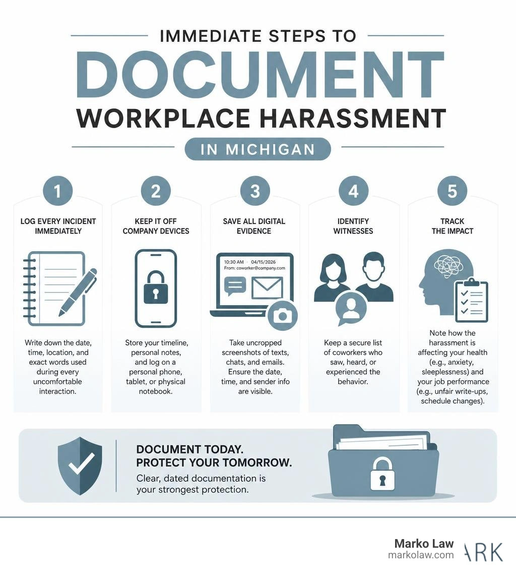 Immediate steps to document workplace harassment in Michigan infographic