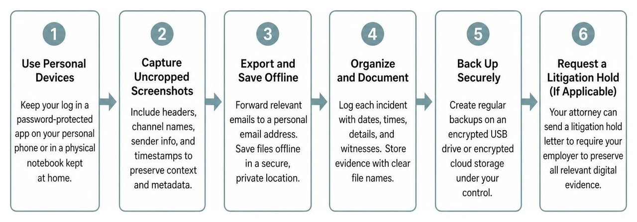 Workflow for safely preserving digital evidence of workplace harassment
