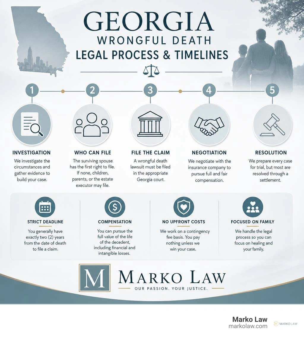 Georgia Wrongful Death Legal Process and Timelines infographic with full Marko Law logo infographic Georgia Wrongful Death Legal Process and Timelines infographic with full Marko Law logo infographic