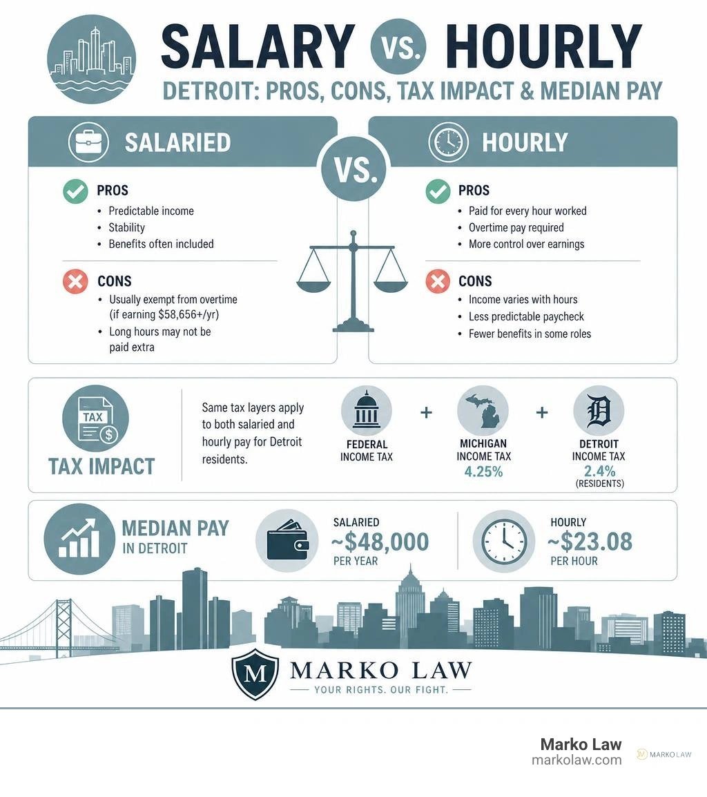 Salary vs hourly Detroit infographic comparing pros, cons, tax impact, and median pay with corrected Marko Law logo Salary vs hourly Detroit infographic comparing pros, cons, tax impact, and median pay with corrected Marko Law logo