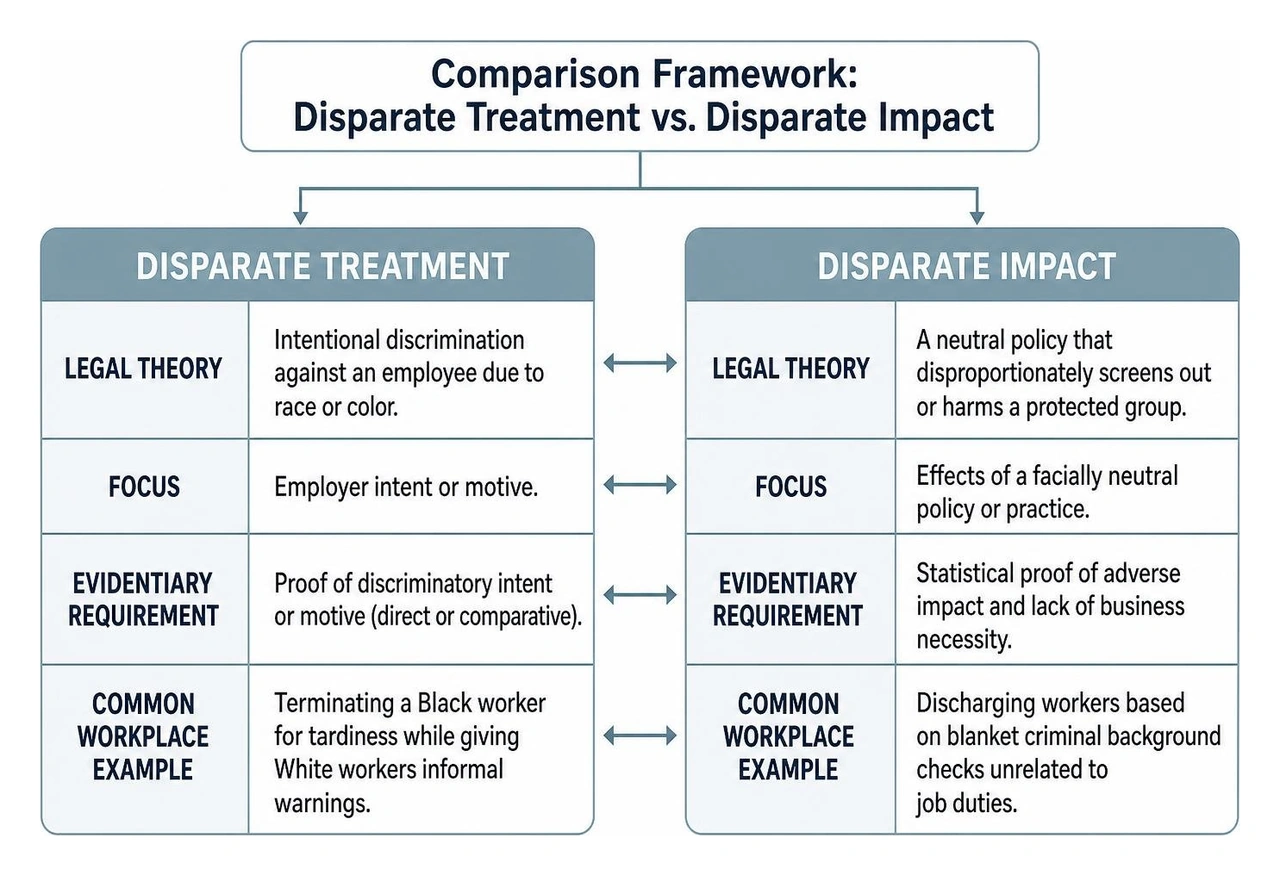 Comparison framework of disparate treatment versus disparate impact legal theories Comparison framework of disparate treatment versus disparate impact legal theories
