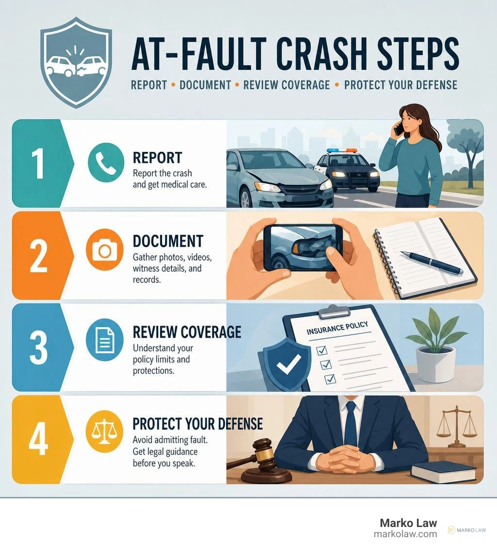 At-fault crash steps: report, document, review coverage, protect your defense infographic At-fault crash steps: report, document, review coverage, protect your defense infographic