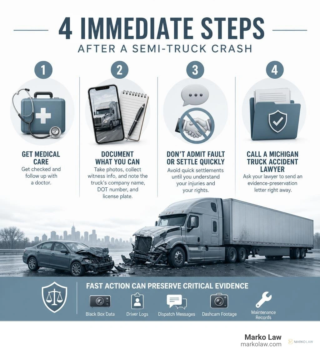 Infographic showing four immediate steps after a semi-truck crash infographic Infographic showing four immediate steps after a semi-truck crash infographic