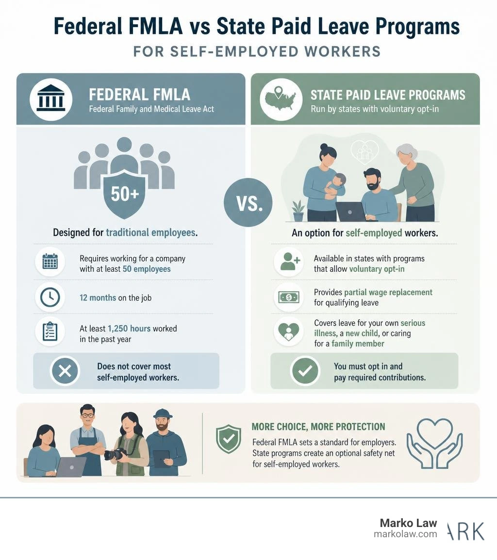 Federal FMLA vs state paid leave programs for self-employed workers comparison infographic infographic Federal FMLA vs state paid leave programs for self-employed workers comparison infographic infographic