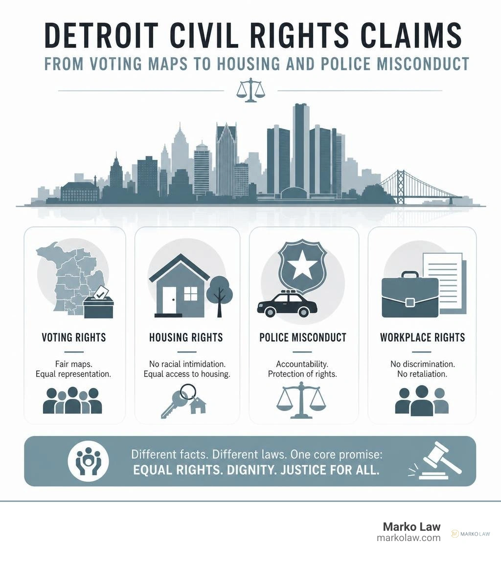 Infographic: Detroit civil rights claims from voting maps to housing and police misconduct infographic Infographic: Detroit civil rights claims from voting maps to housing and police misconduct infographic