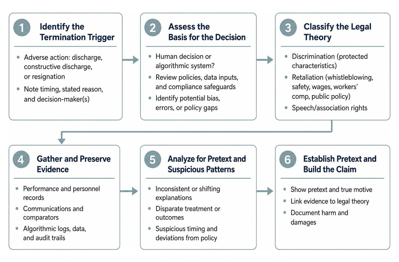 Process framework for analyzing modern wrongful termination claims from algorithmic decisions to pretext discovery Process framework for analyzing modern wrongful termination claims from algorithmic decisions to pretext discovery